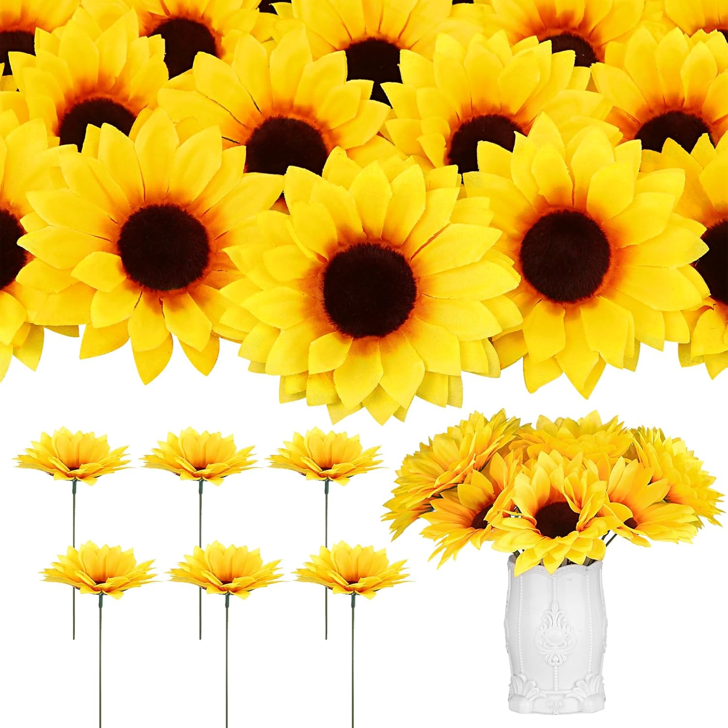 80 Pcs Large Sunflower Artificial Flowers Bulk, 4.1inch Sunflower Artificial Flower Heads Fake Sun-flower Heads with Stems Simulation Sun-flower for Wedding Decoration, Bouquets Parties (Yellow-80)