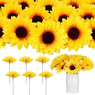 80 Pcs Large Sunflower Artificial Flowers Bulk, 4.1inch Sunflower Artificial Flower Heads Fake Sun-flower Heads with Stems Simulation Sun-flower for Wedding Decoration, Bouquets Parties (Yellow-80)