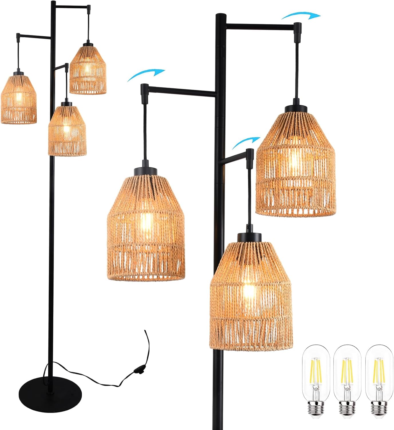 Boho Floor Lamp Modern Black Industrial Floor Lamps Rattan Lamp Shades