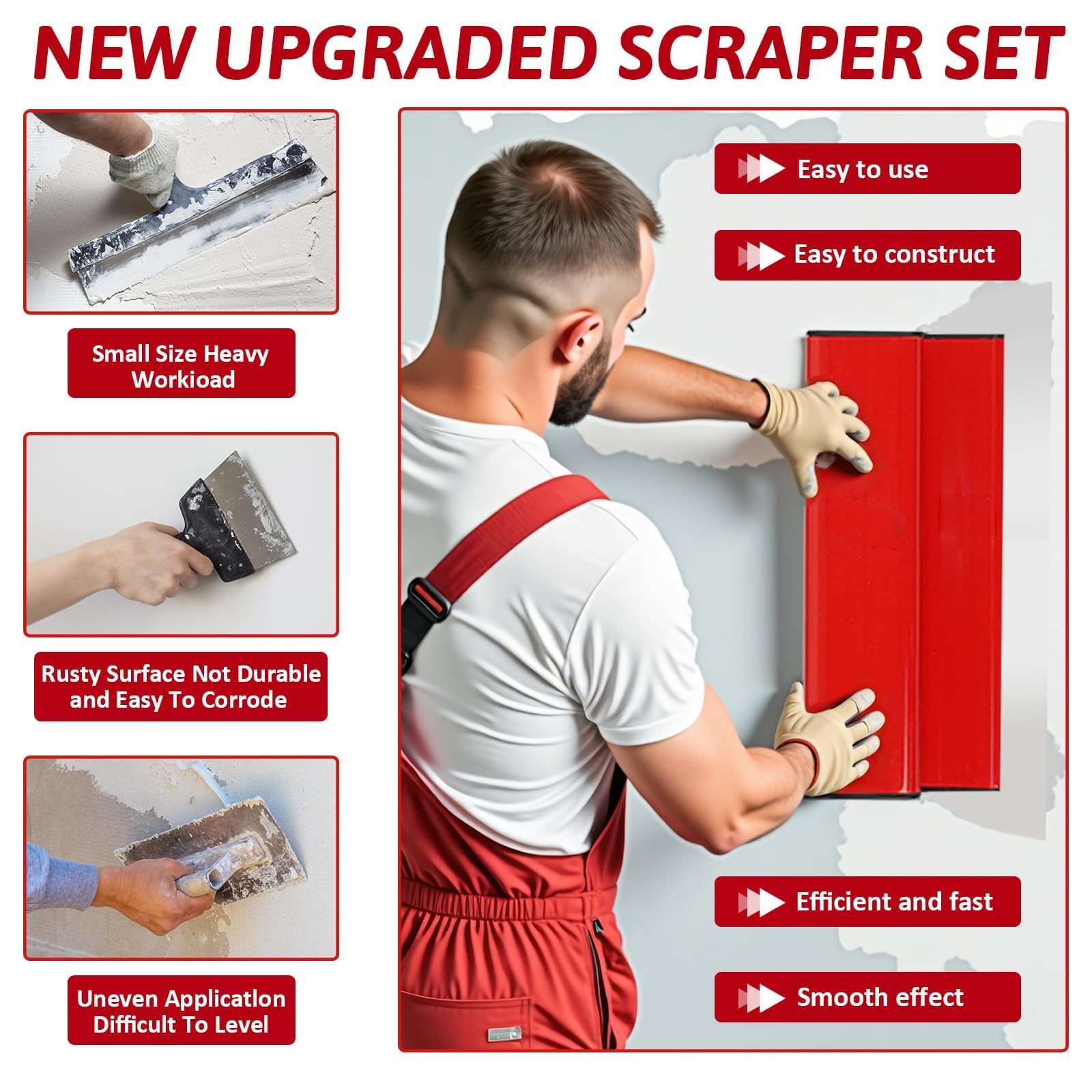 Trockenbau-Skimming-Messer-Set mit Verlängerungsgriff, professionelle Trockenbau-Werkzeuge mit Handschuhen, Edelstahl 300 mm + 500 mm + 800 mm Skimming-Klingen zum Glätten von Wand und Decke
