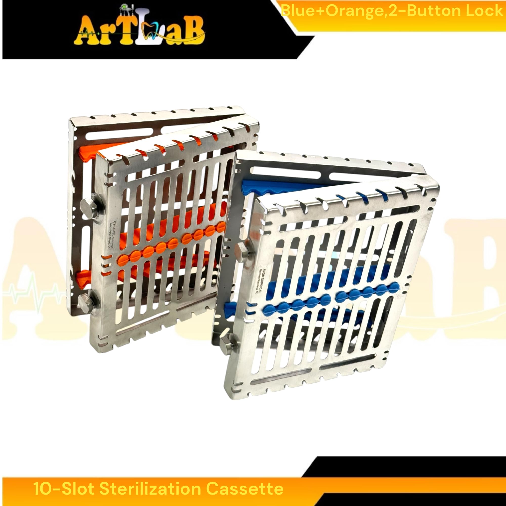 Detachable Lid, Double-Button Lock Sterilization Cassettes with Removable Silicone Inserts - for10 Dental Instruments - German Steel (2PK, Blue+Orange)