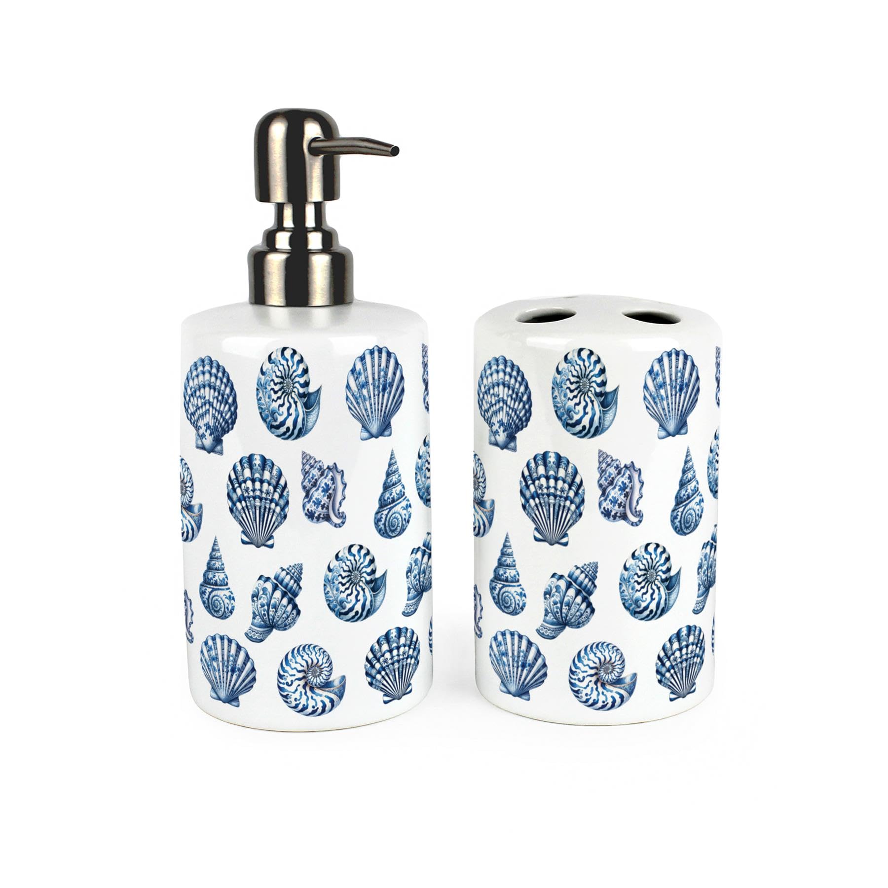 Seashells Bathroom Set - Coastal Ceramic Soap Bottle & Toothbrush Holder