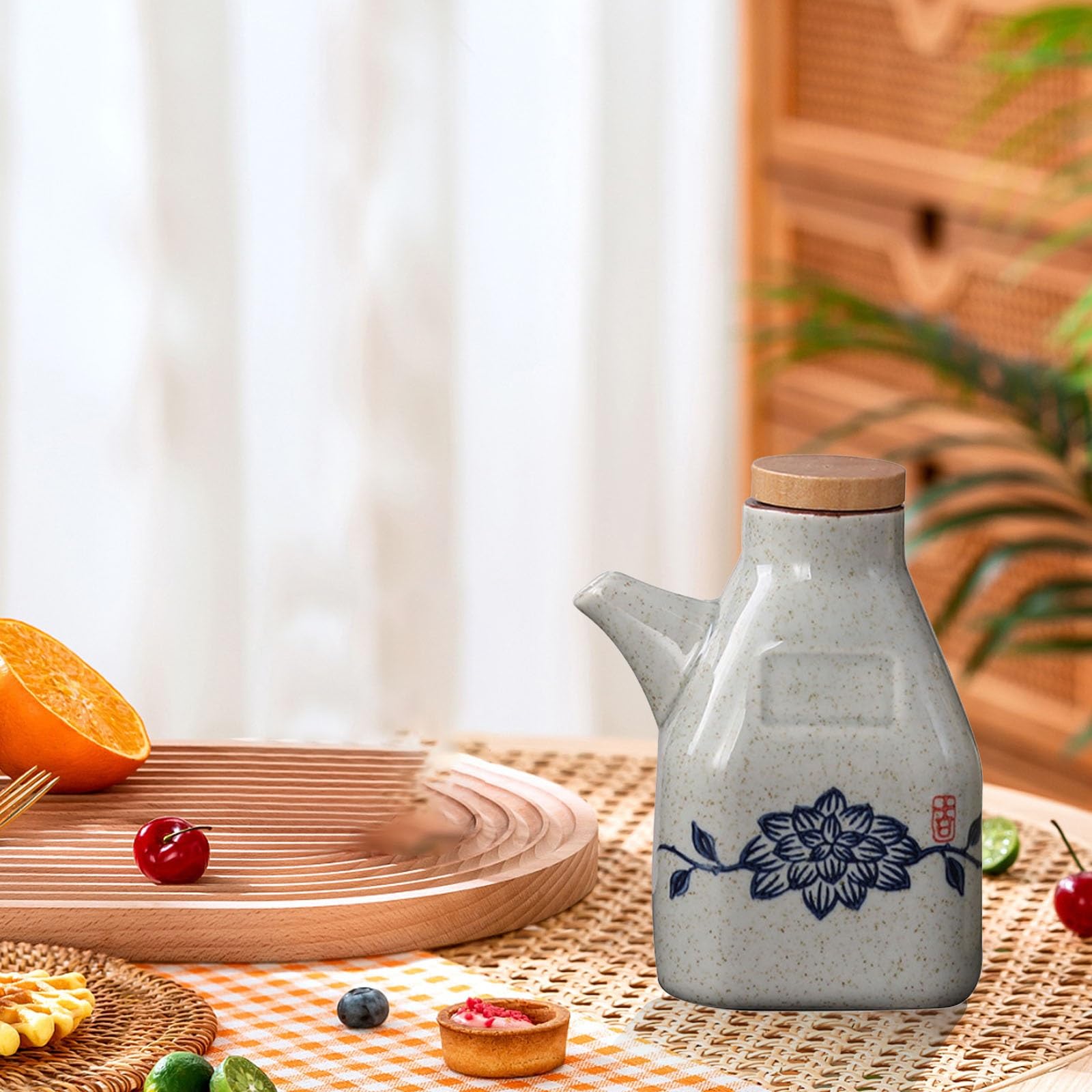Dispensador de aceite y vinagre de cerámica, recipiente líquido de salsa de soja con tapón de corcho, botella de especias de cocina, perfecto para aderezos y cocinar, capacidad de 500 ml