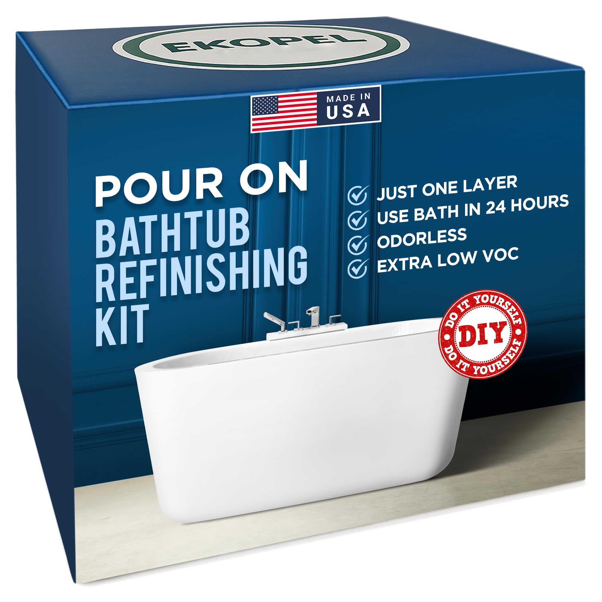 Ekopel 2K Bathtub Refinishing Kit - Pour On Bathtub Paint White Gloss Finish Kit, 1 Coat Odorless Sink and Bath Tub Paint – Long Lasting Never Peel DIY Glaze for Tub, Made in USA – Bright Gloss White