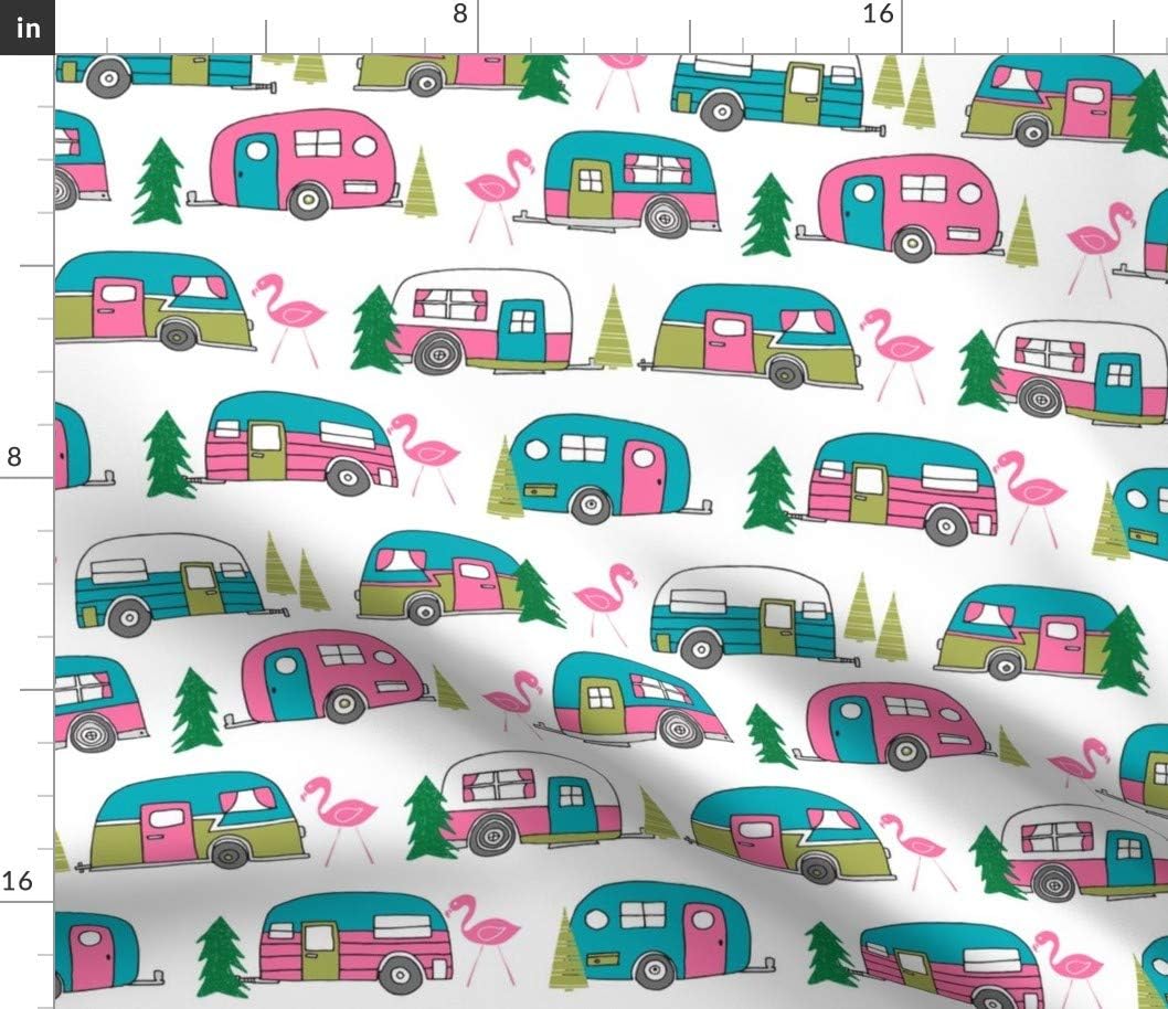 Spoonflower Fabric - Vintage Camper Retro Campers Cute Pink White Flamingo Trip Camping Printed on Petal Signature Cotton Fabric by The Yard - Sewing Quilting Apparel Crafts Decor