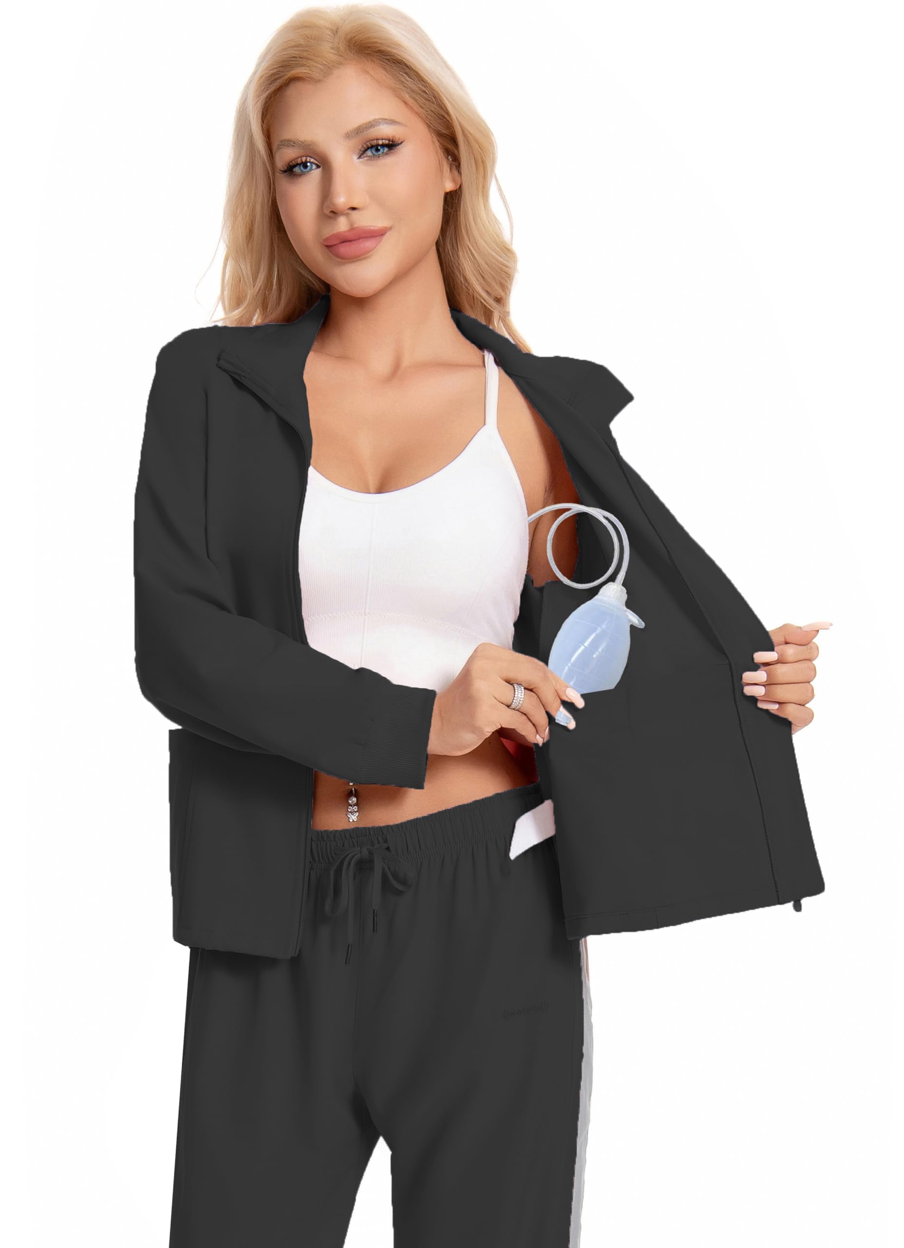 Mastectomy Zip Jacket Coat with Drain 4 Pockets After Post Breast Surgery Lightweight Warm Up Tops Shirt