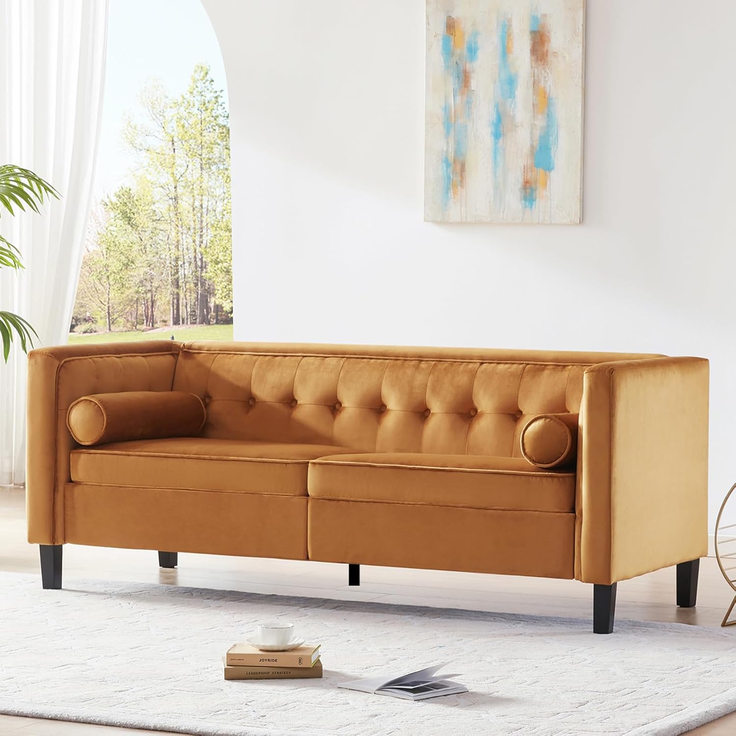 WILLOVE 78" Mid-Century Modern Velvet Sofa, 3 Seater Couch with Comfy Deep Seats, Futon Loveseat Couch for Living Room Furniture with Two Throw Pillows, Easy to Install (Ginger)