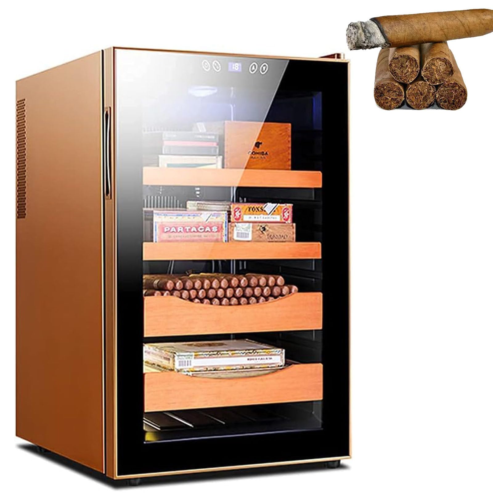 Humidor Chłodniczy 70L,Elektroniczny Humidor Z Chłodziarką Z Drewna Cedrowego Hiszpańskiego,Pojemność 400 Z Półkami/Tacą Z Drewna Cedrowego Hiszpańskiego Do Domu I Biura,Gold