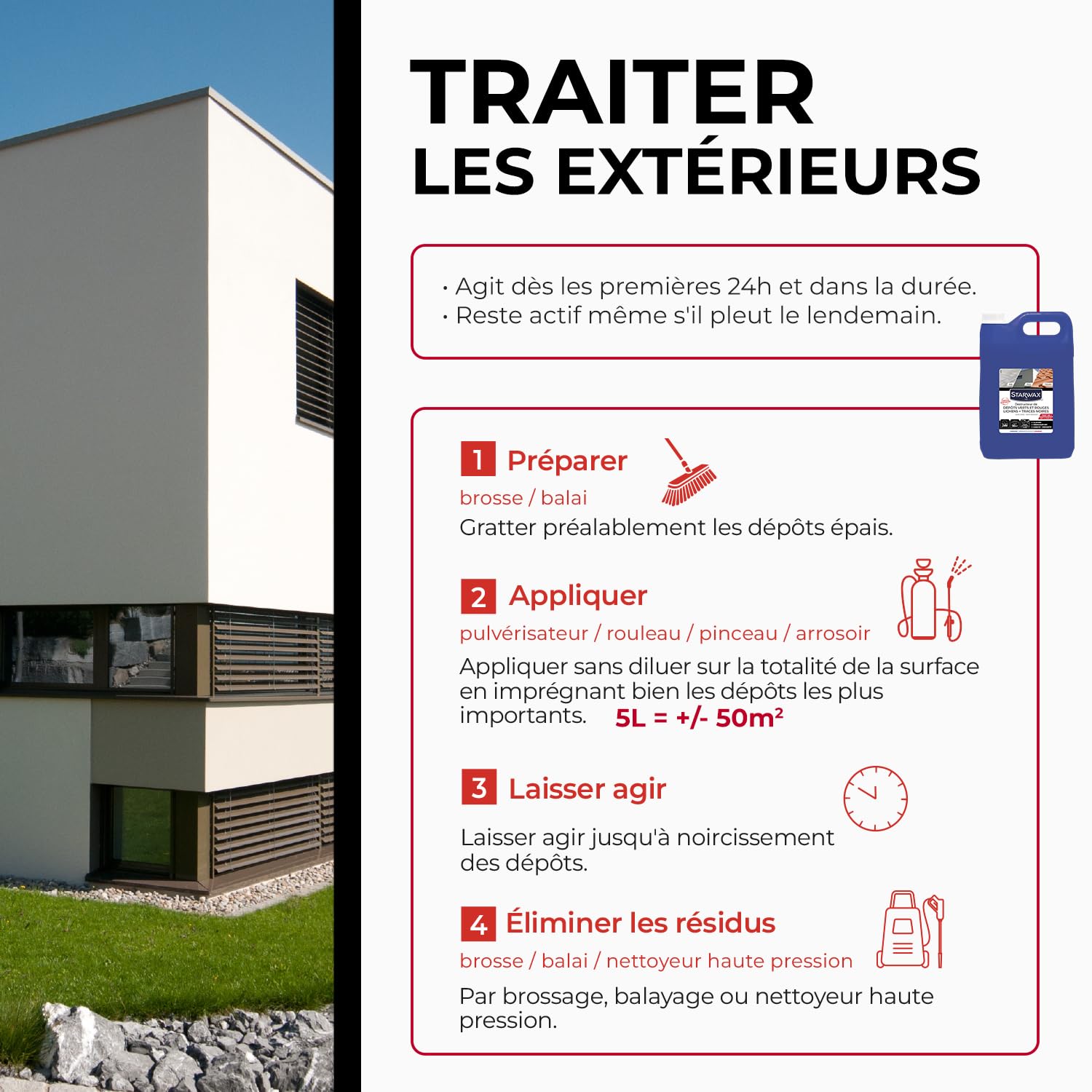 STARWAX Destructeur de dépôts verts rouges lichens et traces noires 5L, prêt à l'emploi, toitures murs et sols extérieurs, action algicide curative et préventive, sans javel et sans rinçage, 10m²/L