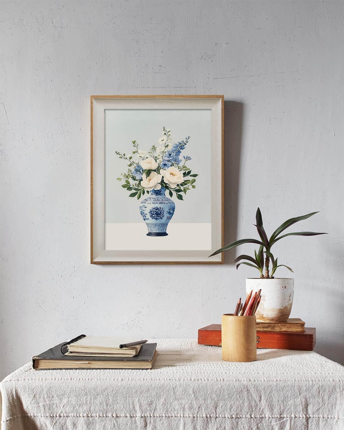 ARPEOTCY Framed Canvas Wall Art, 12x16 Inch Vintage Blue and White Vase Floral Painting, Chinoiserie Peony Still Life Wall Decor for Kitchen, Dining Room, or Bedroom