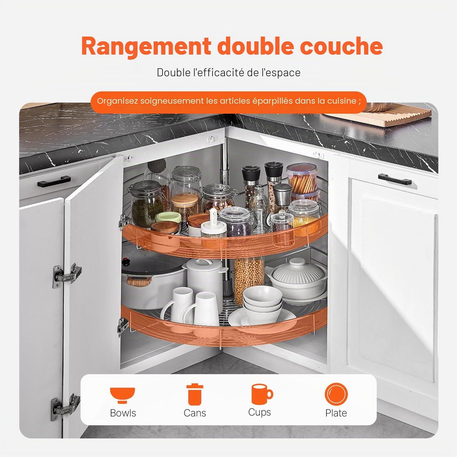VEVOR Plateau Tournant pour Meuble d'Angle 80 cm 2 Niveaux, Tourniquet de Cuisine Rotatif à 360°, Étagère Pivotante pour Placard d’Angle Réglable en Hauteur, en Acier au Carbone, Rangement Cuisine