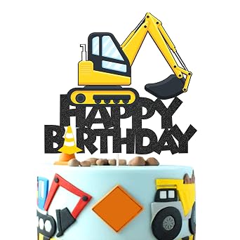 ChienMin Glitter Excavator Happy Birthday Cake Topper, Construction Truck Birthday Party Cake Decor, Rainbow