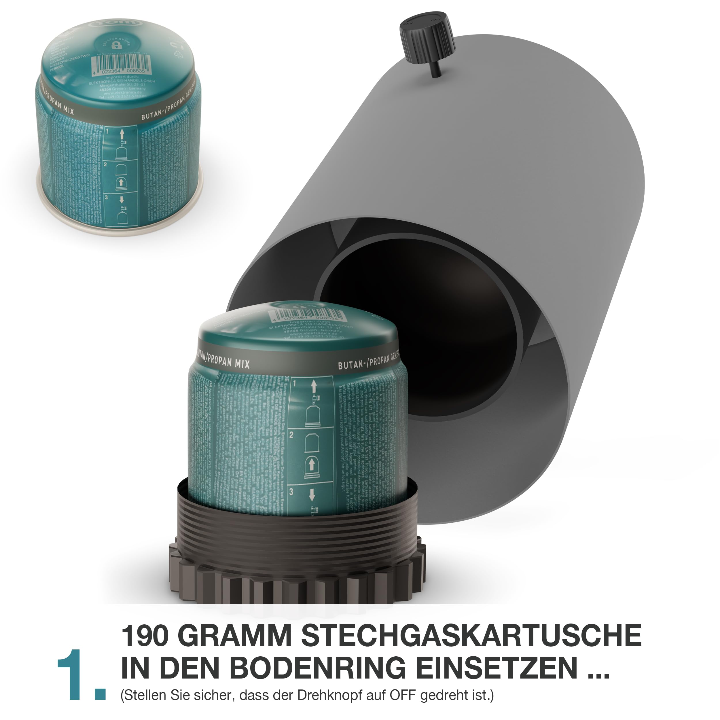 TOM Innovation XXL Gas Tischkamin - 12h Brenndauer für Indoor & Outdoor – Tisch Kamin Set – Tischfeuer mit Deko-Steinen – Plus 3X 190 g Stechgaskartusche