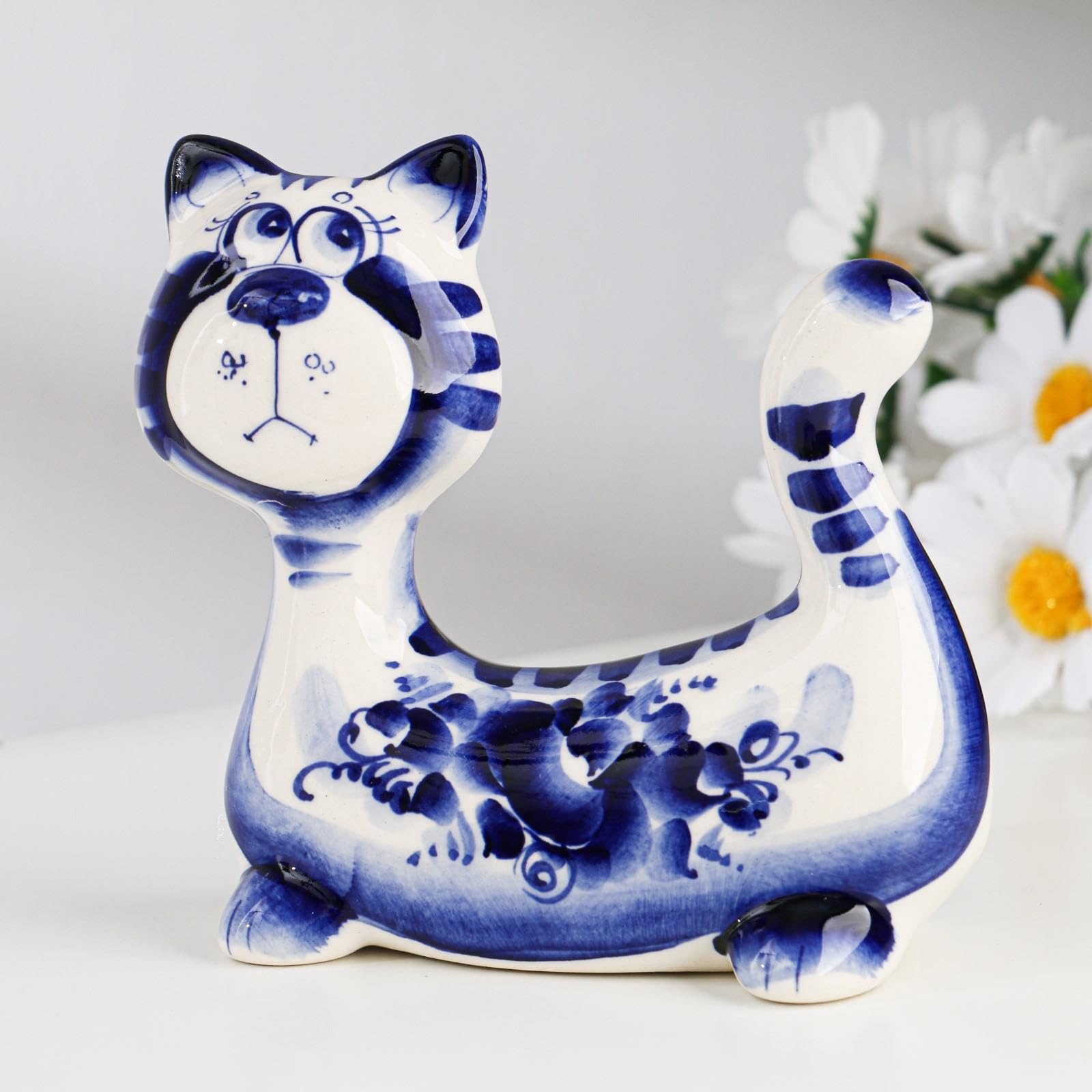 AEVVV Hand-Painted Gzhel Porcelain Cat Figurine, Traditional Russian Craft, Blue and White