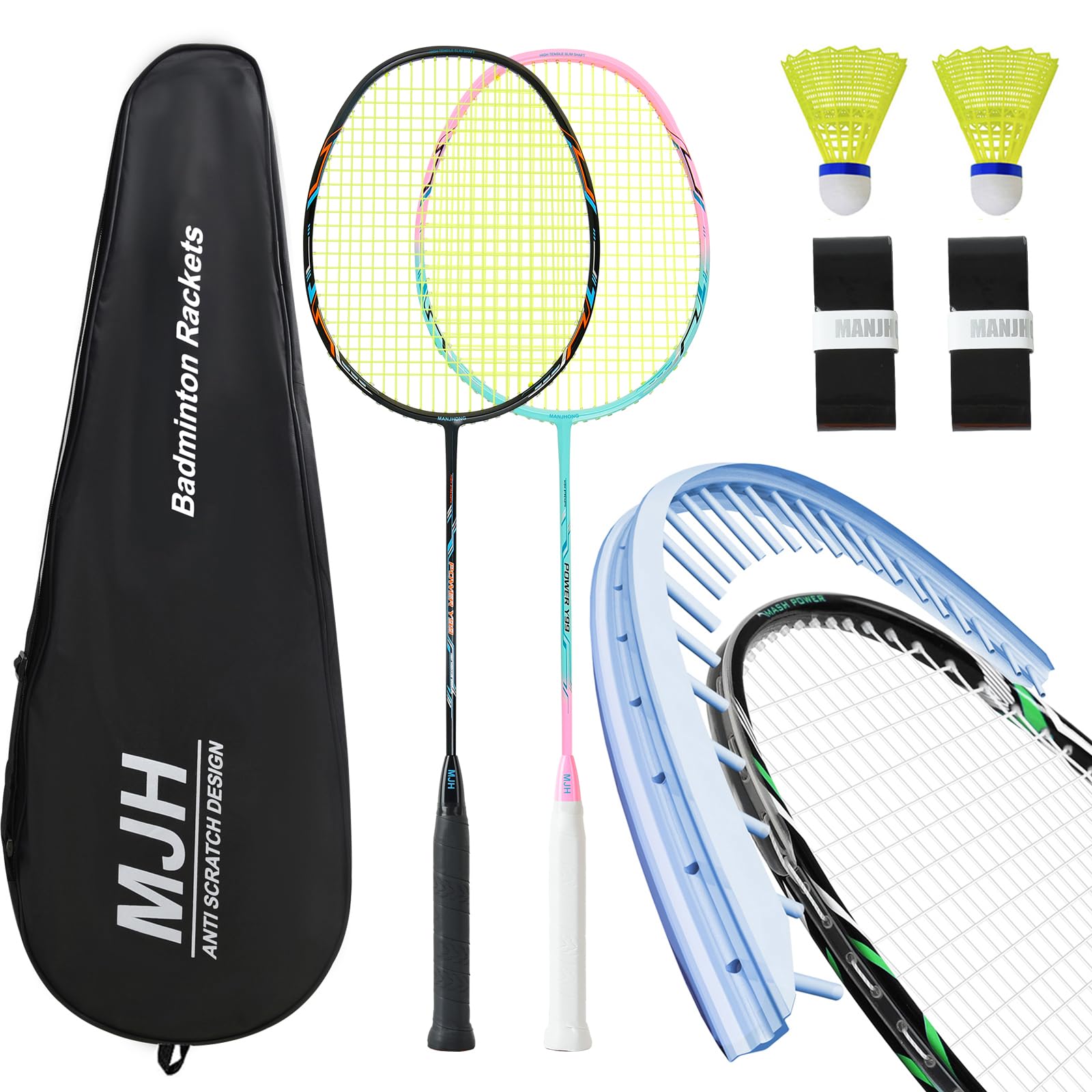 MANJHONG Badminton Set with 2 Graphite Rackets - Anti Scratch Design - Badminton Racket Set for Adults, Incl. Shuttlecock, Grip Tape & Racquet Bag, Black+Pink