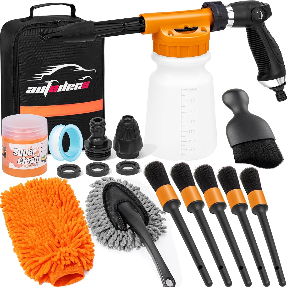 Kit de limpieza de detalles de lavado de coches con pulverizador de pistola de espuma, cepillo de lavado de coches y plumero de manopla de lavado grande para limpieza interior y exterior de coches (naranja)