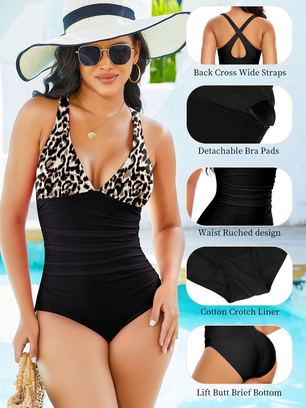 SHAPERIN Maillots Une Pièce Femme Ventre Plat Sexy Maillot de Bain Push Up Col V Profond Ruched Amincissante Beachwear Monokini