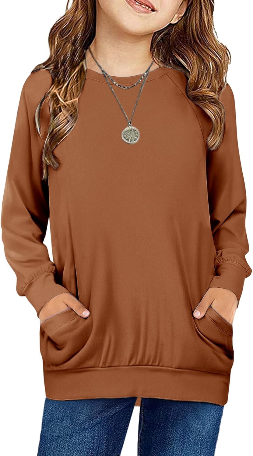 Arshiner Girls Long Sleeve Shirts with Pockets Crewneck Soft Casual Raglan Kids Blouse Tee Tops