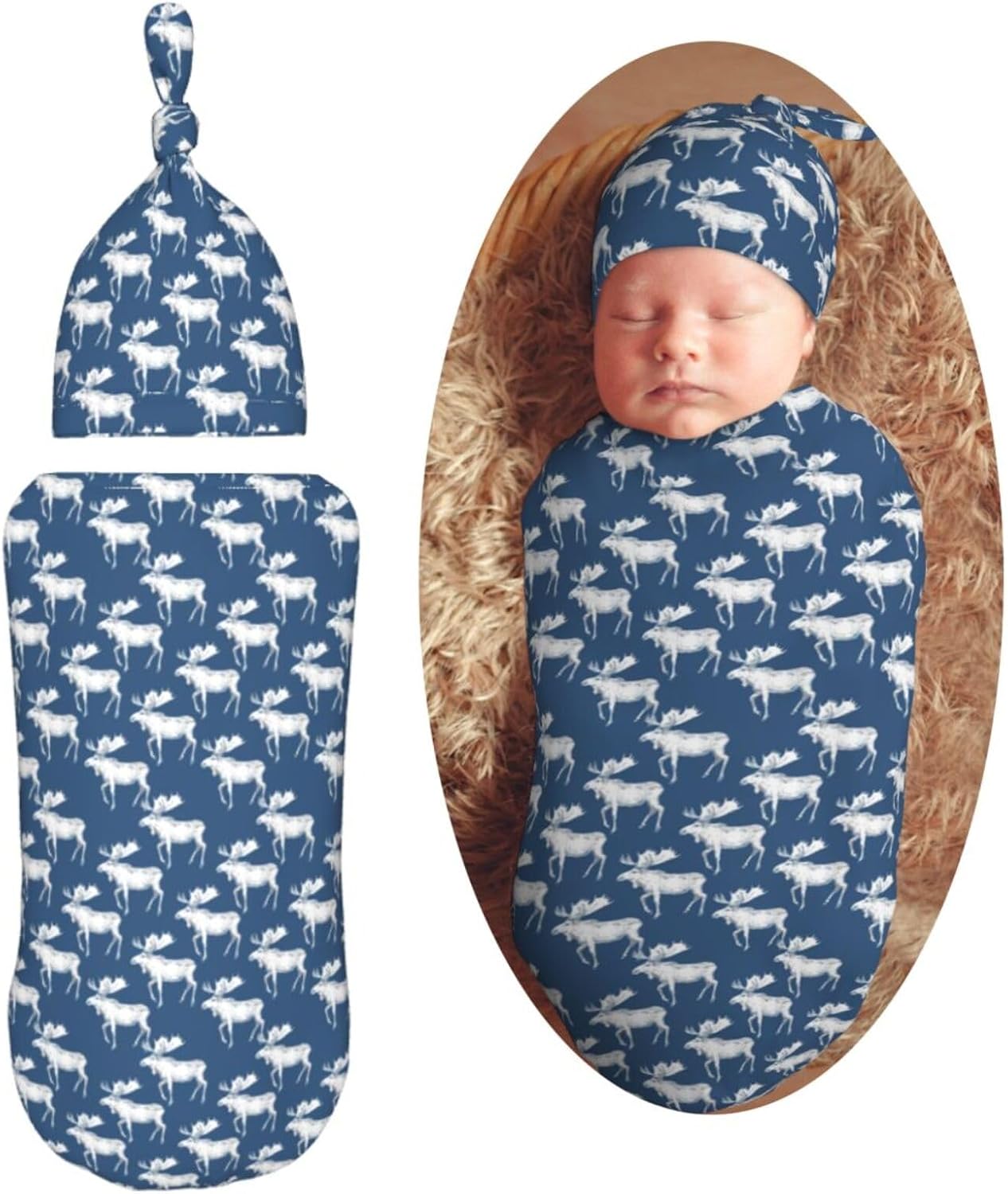 Painting Mooses Newborn Swaddle Blankets Hat Sets Soft Baby Receiving Blanket Swaddle Sack for Baby Shower Infant Boy Girl Gift
