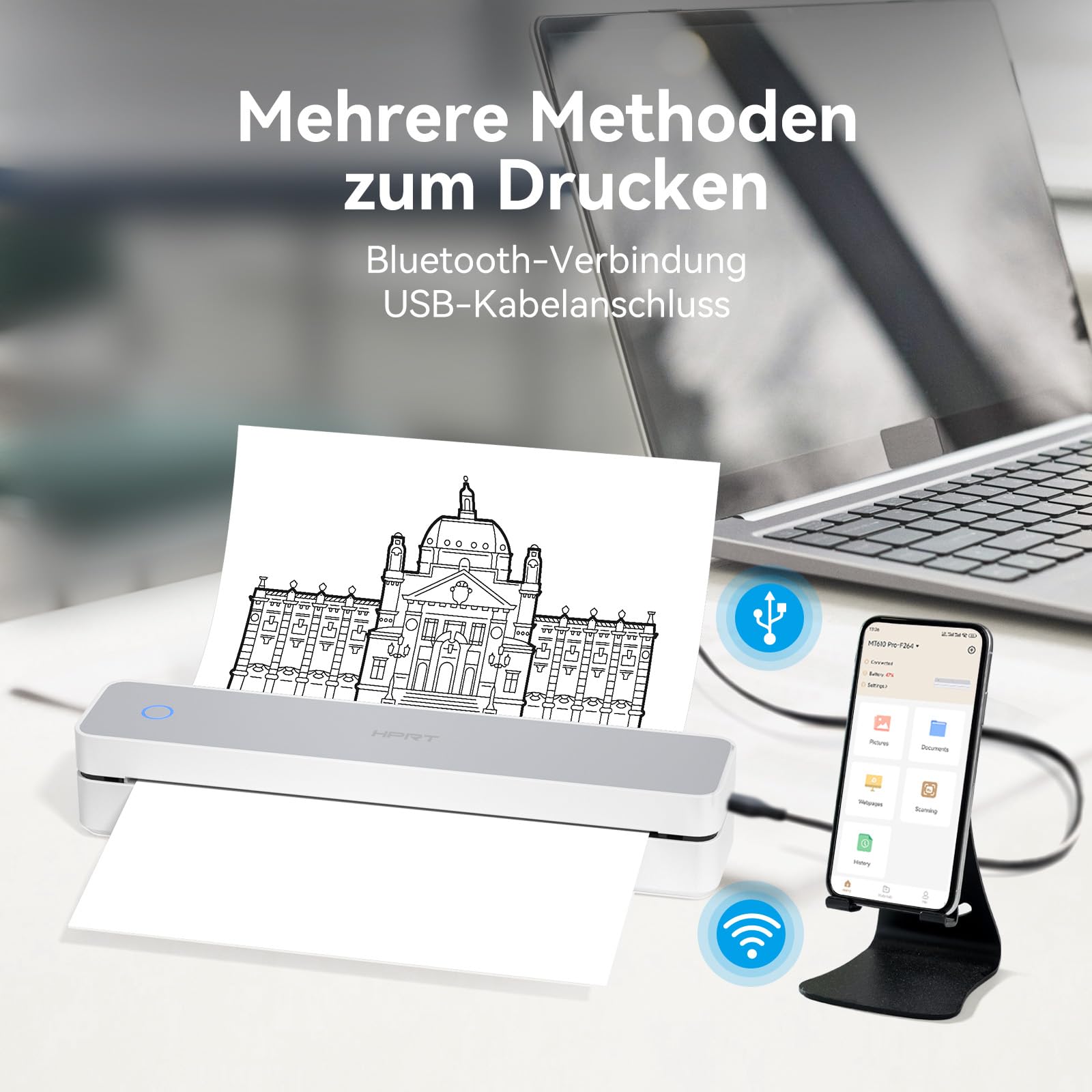 HPRT impresora portátil inalámbrica para viajes, apoya papel A4 | Impresora térmica Bluetooth compatible con iOS, Android y portátil, móvil sin tinta, para oficina, escuela, blanco/gris