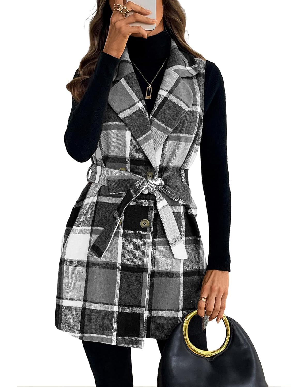 Womens Brushed Plaid Vest Sleeveless Double Breasted Waist Tie Cardigan Blazer Jacket Coat