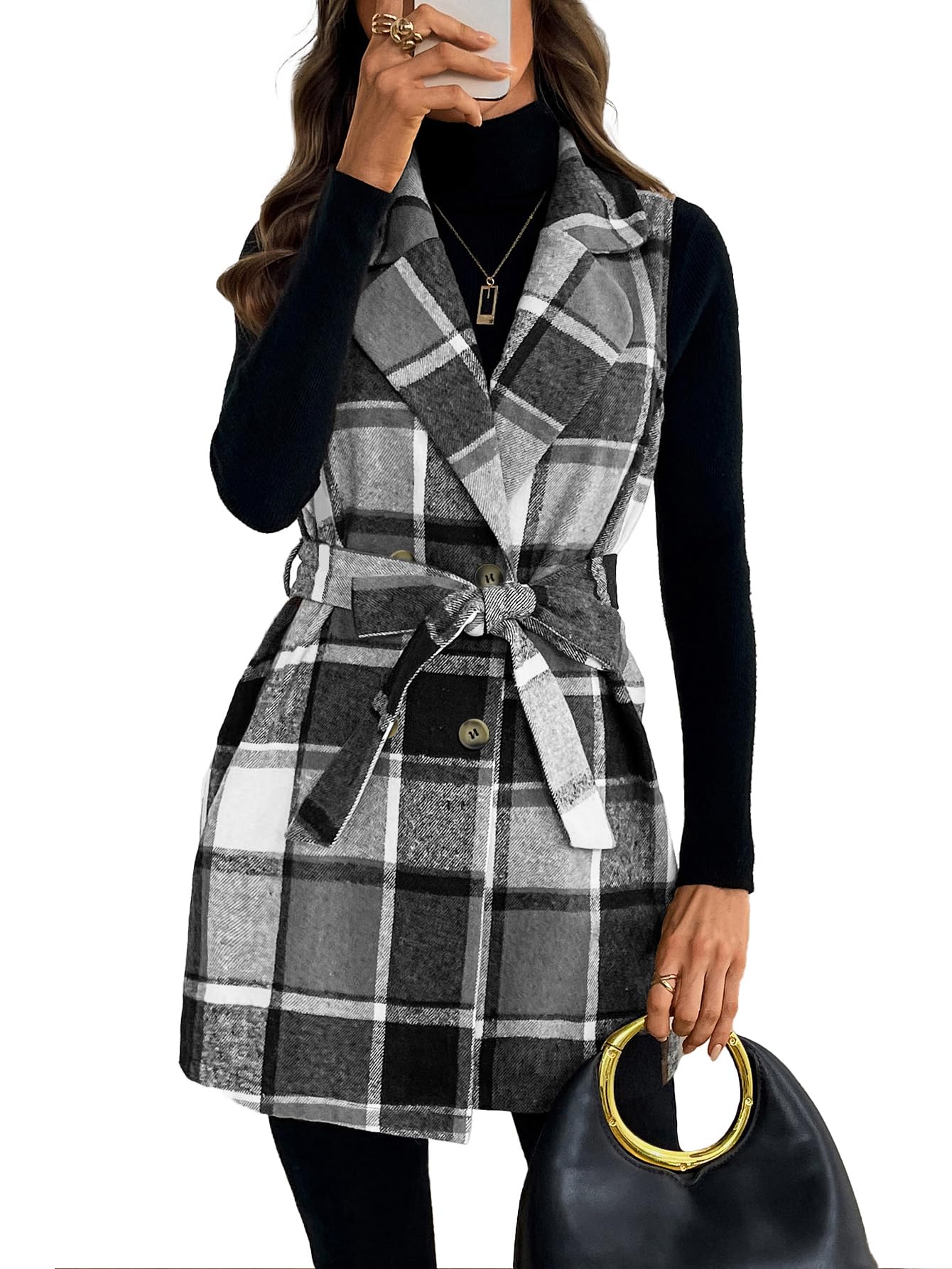Womens Brushed Plaid Vest Sleeveless Double Breasted Waist Tie Cardigan Blazer Jacket Coat