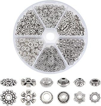 300Pcs 6 Styles Antique Silver Spacer Beads, 6/7/7.5/8/9mm Tibetan Alloy Charms Beads Metal Loose Beads Bulk Flower Flat Rondelle Spacers for Bracelets Necklace Jewelry Making Supplies