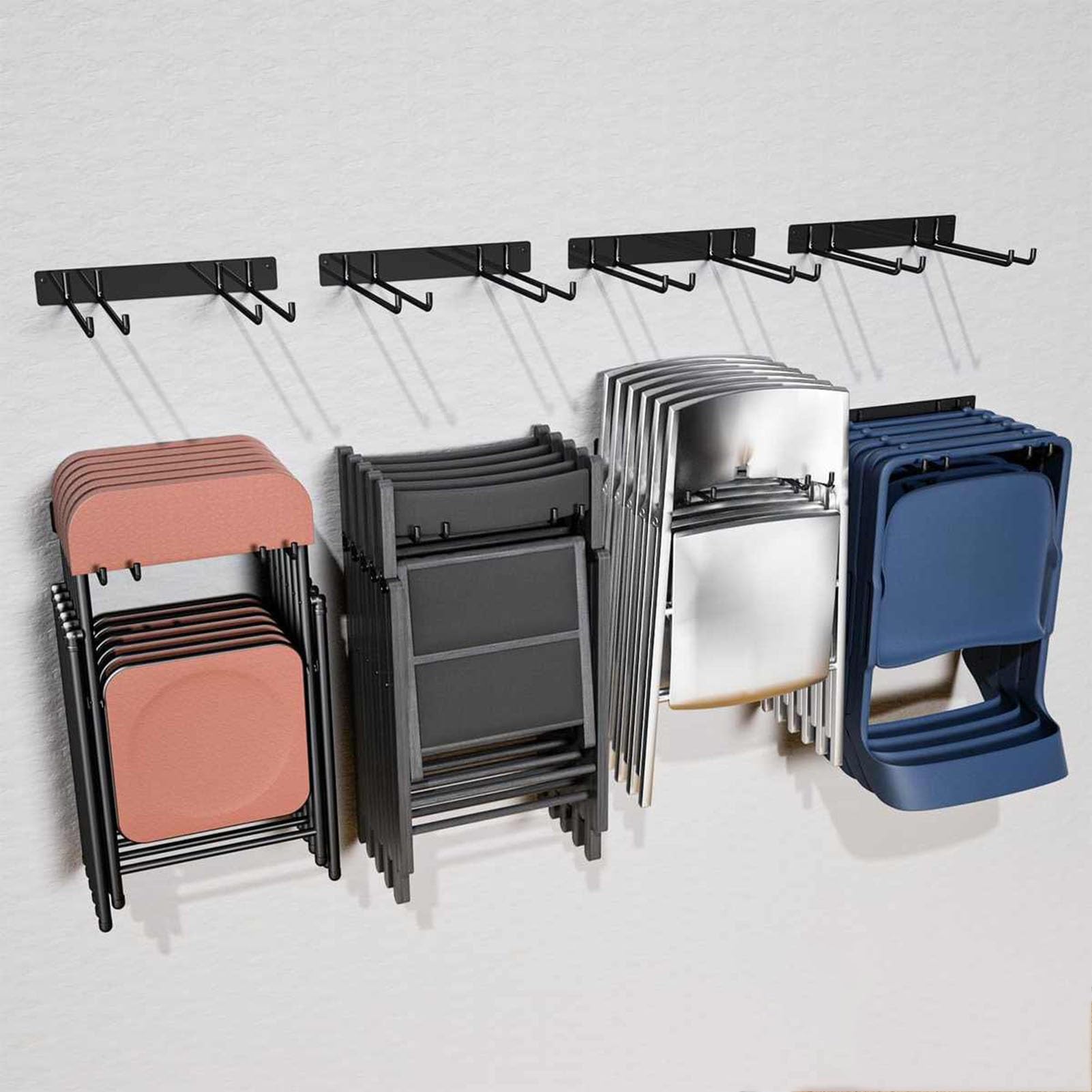 4 Pack Wall Mounted Folding Chair Storage Rack, Multifunctional Garage/Garden Tool Hanger, Commercial Foldable Chairs Organizer Hooks