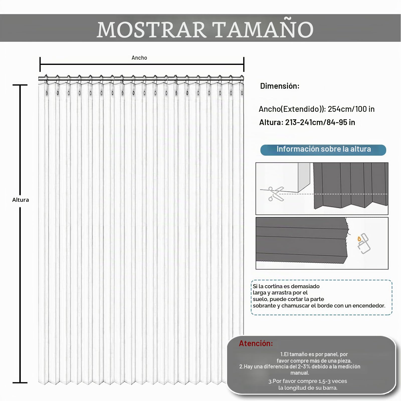 Cortina separadora de ambientes, extraancha, 241 x 254 cm, impermeable, separador de habitaciones, con ganchos, para baño, dormitorio, salón, oficina, protección visual (gris claro)