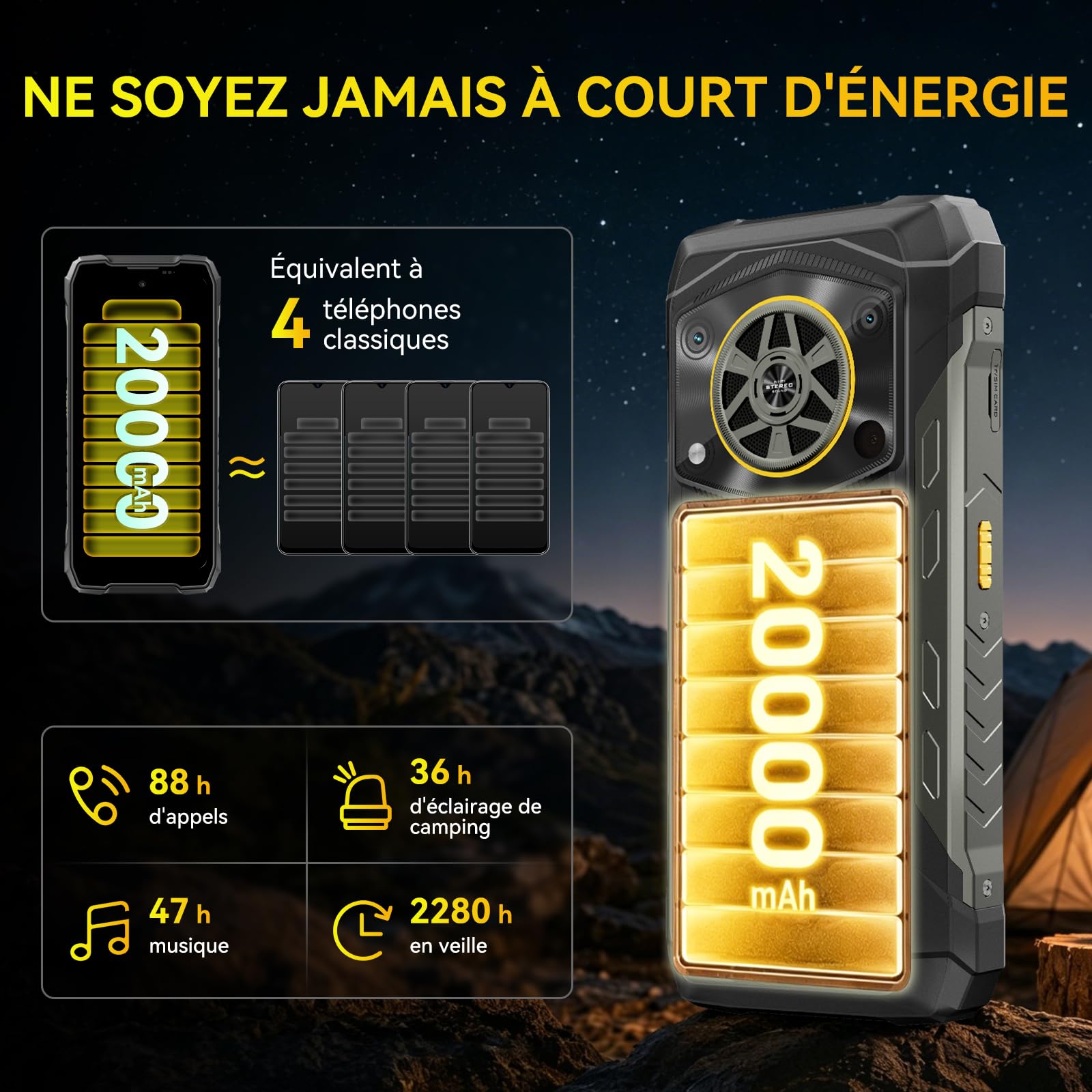 Blackview ROCK 5 Téléphone Incassable 2026, 24Go+256Go/2To Android 16 Smartphone Incassable, 20000mAh Business Telephone, 108MP +50MP +20MP Vision Nocturne, 6.78" FHD+ Display 120Hz IP69K, NFC/OTG/GPS