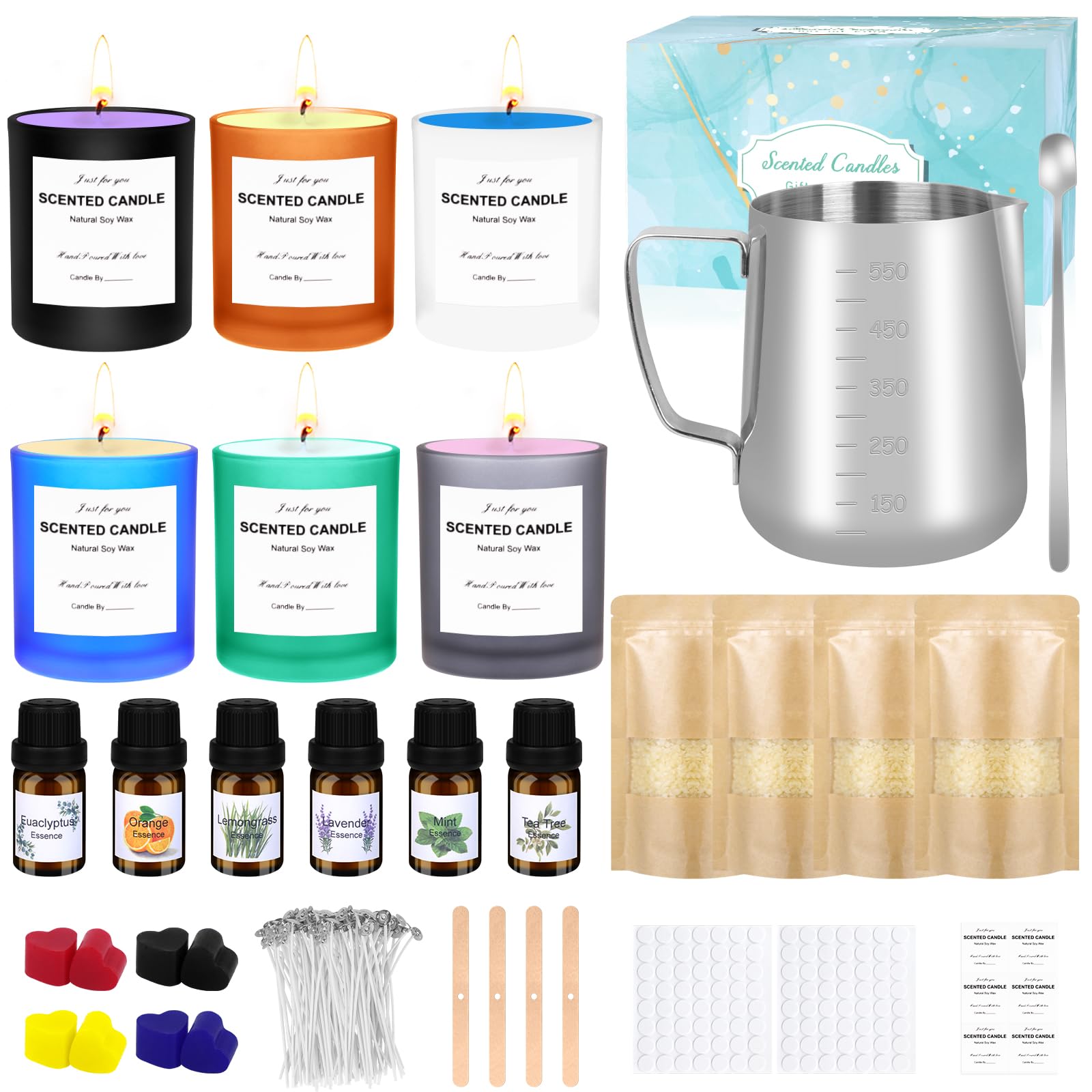 KERCAMKEL Kit para hacer velas,kit para hacer velas aromáticas,Kit de Regalo Bricolaje,6 vasos con tapa de madera,cera de abeja 480g,6 aceites esenciales,8 colores de cera de vela,100 Mechas de Velas