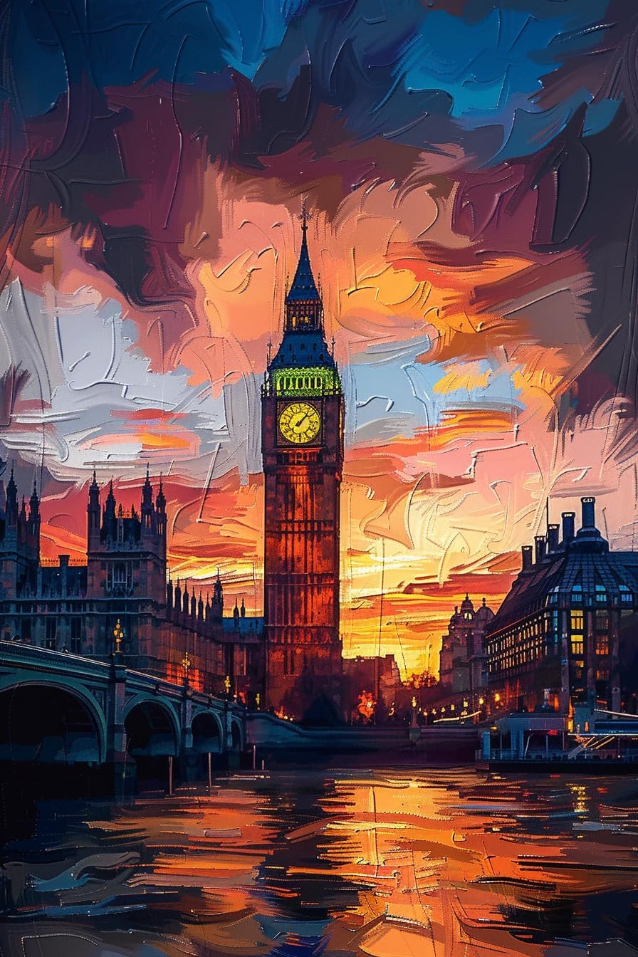 DIY Diamond Painting Set Oil Painting Clock Tower with Sunset Reddish Sky,Gemstone Art with Diamond Painting for Home Wall Decoration 20x20 Inches