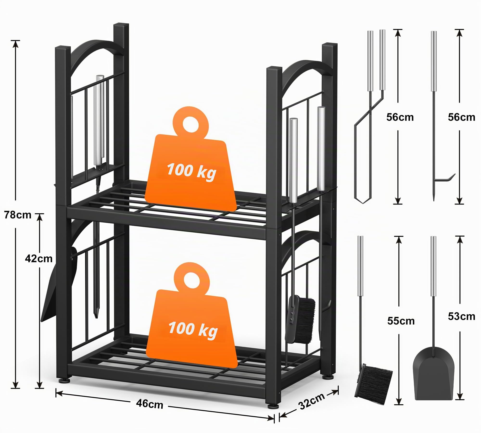 HFHOME Estantería para leña Interior y Exterior 2-en-1, Soporte para leña para almacenamiento de leña, Estantería para madera de fuego 78 x 46 x 32 cm con accesorios para estufa de leña, pala, escobas