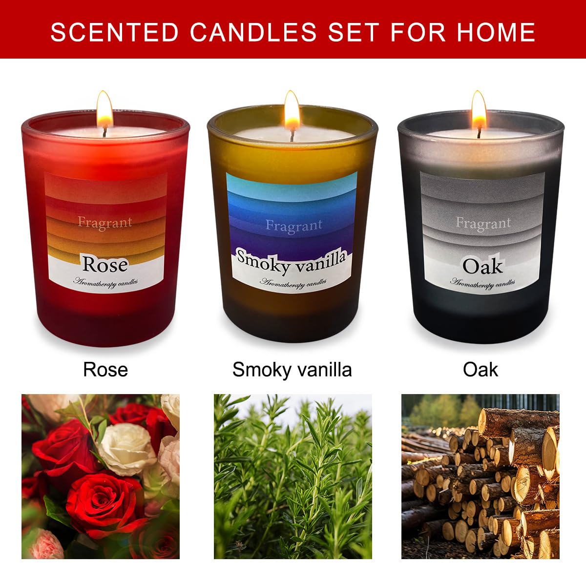 Candles for Home Scented, 3 Pack Frosted Glass Jar Soy Candles, Smoked Vanilla & Rose & Oak Blossom Aromatherapy Candle Gift Set Bath and Body Works Candles