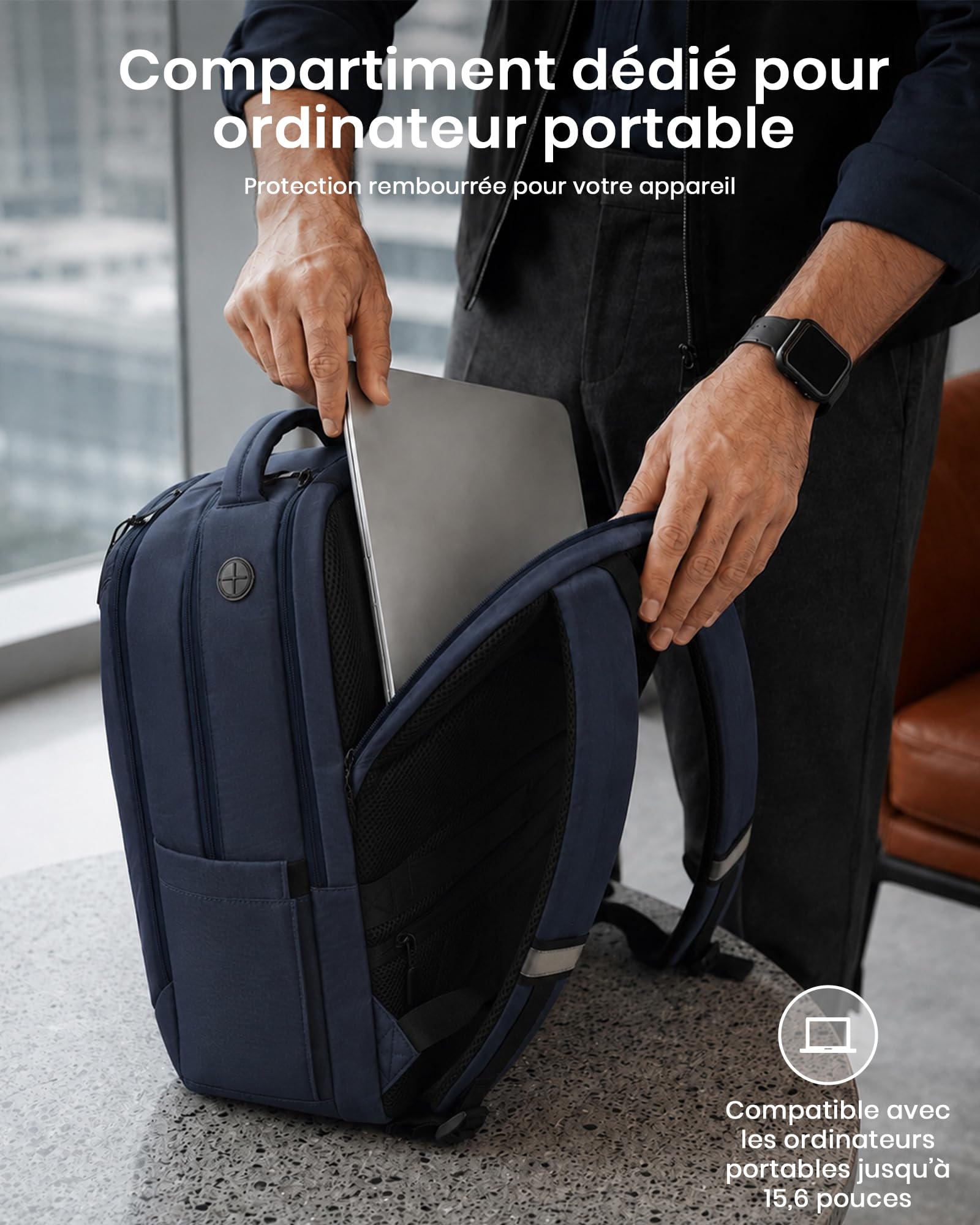 Kono Sac à Dos Ordinateur 15,6 Pouces PC Portable Homme Femme, Bleu Marine