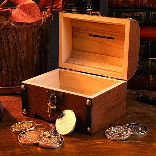 Miniatura 5 de Zerodeko Cofre de madera del tesoro, alcancía, caja de almacenamiento de dinero, caja de almacenamiento de monedas para niños, caja de bloqueo con
