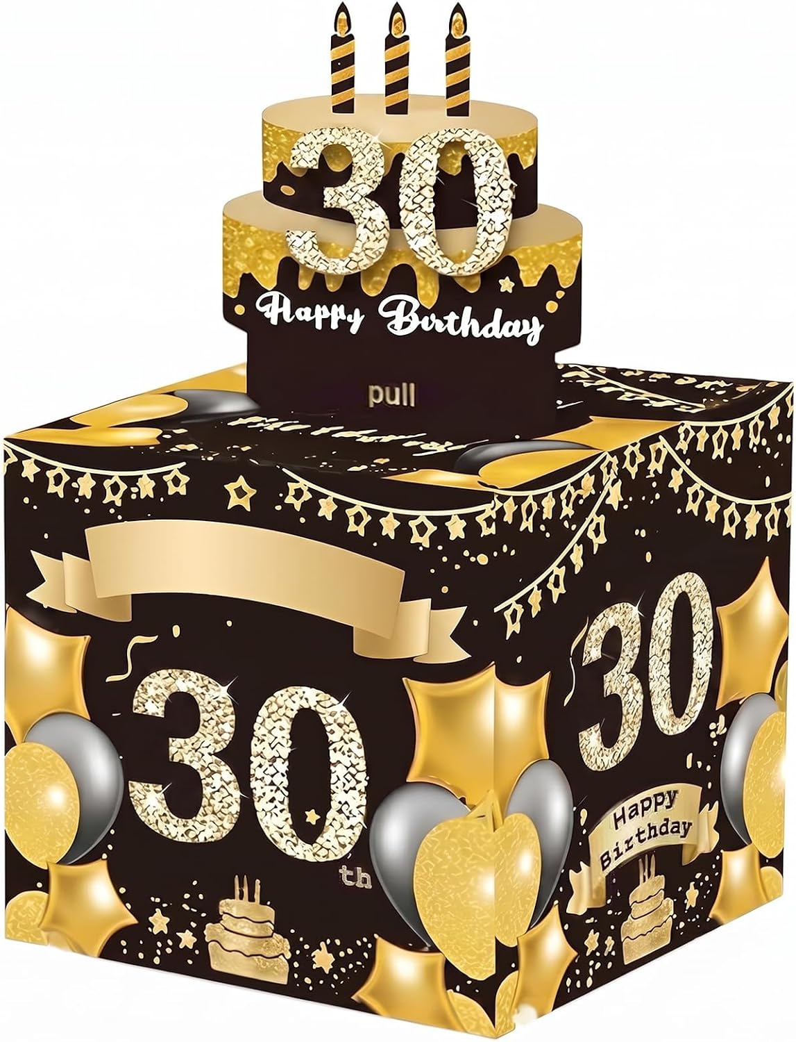 30th Birthday Money Gift Box for Cash, Black Gold Thirty Years Old Holder with Pull Out Cards 50 Sleeves DIY Stickers, Surprise Personalized Accessories Party Decorations Supplies for Men Women (30th)