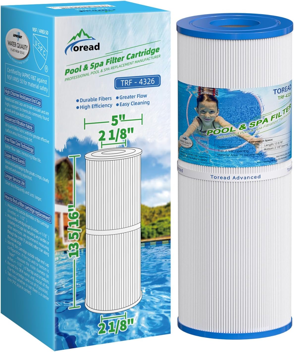 TOREAD Replacement for Spa Filter PRB25-IN, Unicel C-4326, Filbur FC-2375, FC-2370, R173429, 3005845, 17-2327, 100586, 33521, 25392, 817-2500, Guardian 413-106, 5X13 Drop in Spa Filter, 1 Pack