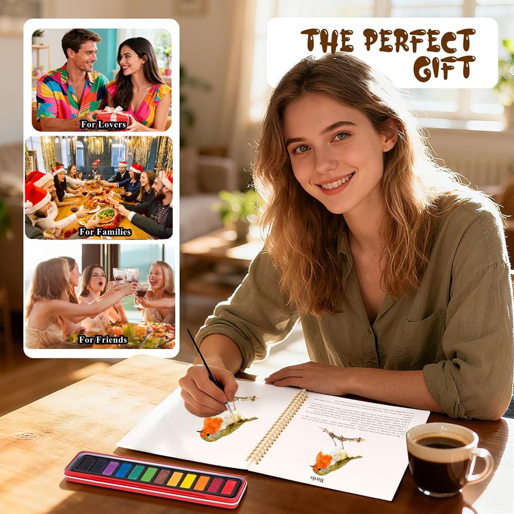 Watercolor Workbook Beginner Friendly Painting Kit With 12 Colors Watercolor Paint Set And Brush Nature-Themed Art Gift For Enthusiasts
