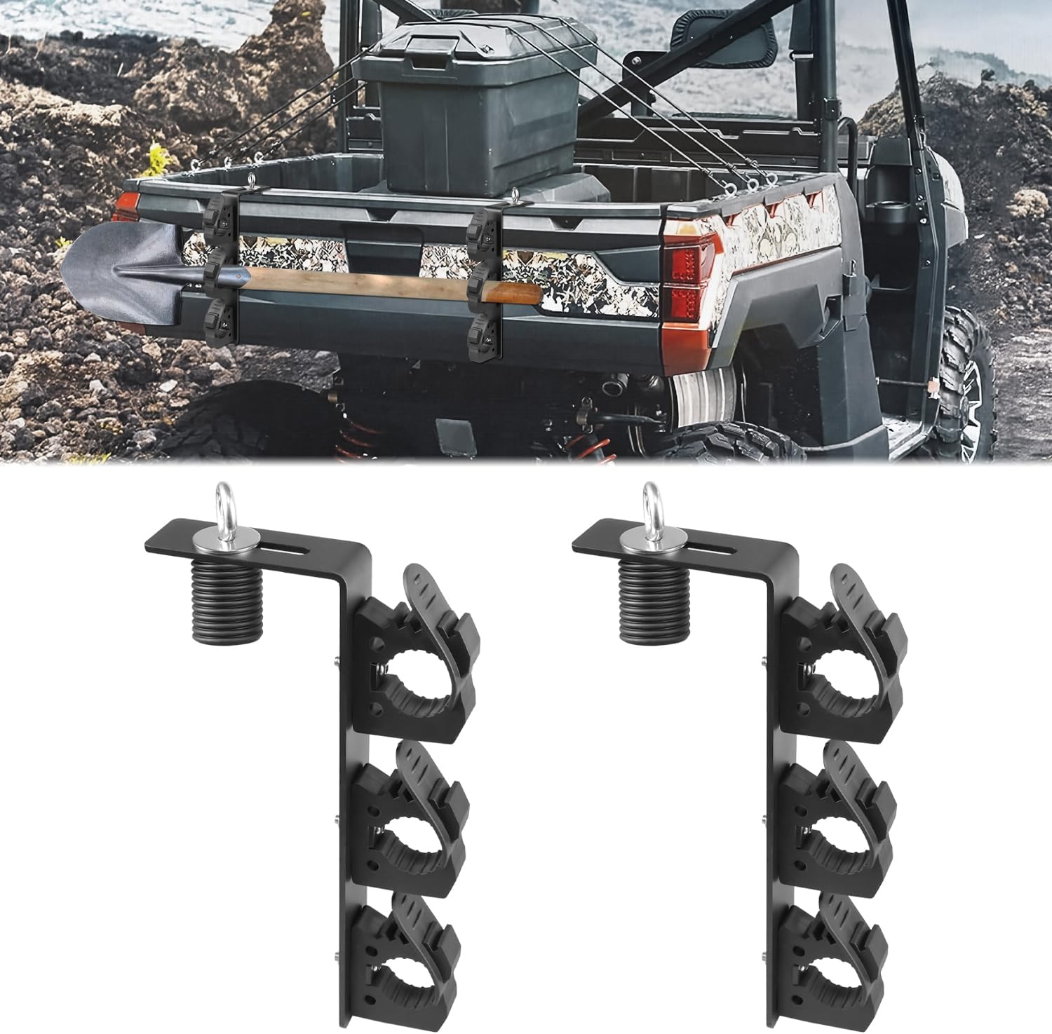 Dual Tool Hooks Mount Holder Compatible With For UTV Polaris Ranger 1000 xp 900 800 700 500 570 General 1000 With 1-7/16" Hole Cargo Bed Mount Shovel Farm Hunting Tool Carrier Storage Rack