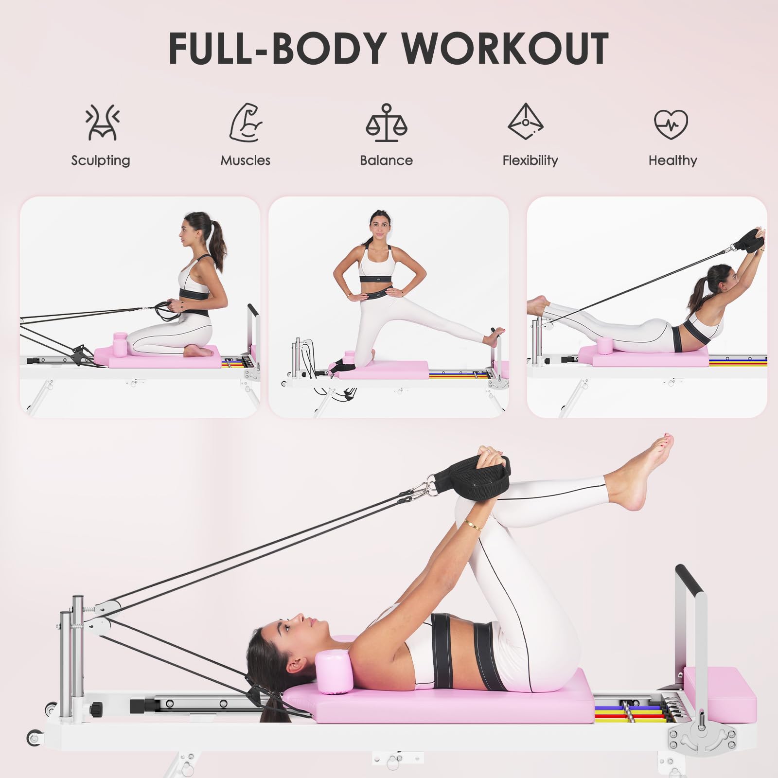 SDHYL Pilates Reformer, Foldable Reformer Pilates Machine With Dual Resistance System- 5 Springs & Resistance Band, 77.9"x21.6" Exercise Equipment For Home Gym, Up To 330 Lbs Weight Capacity, Reformers - Canada - View #12