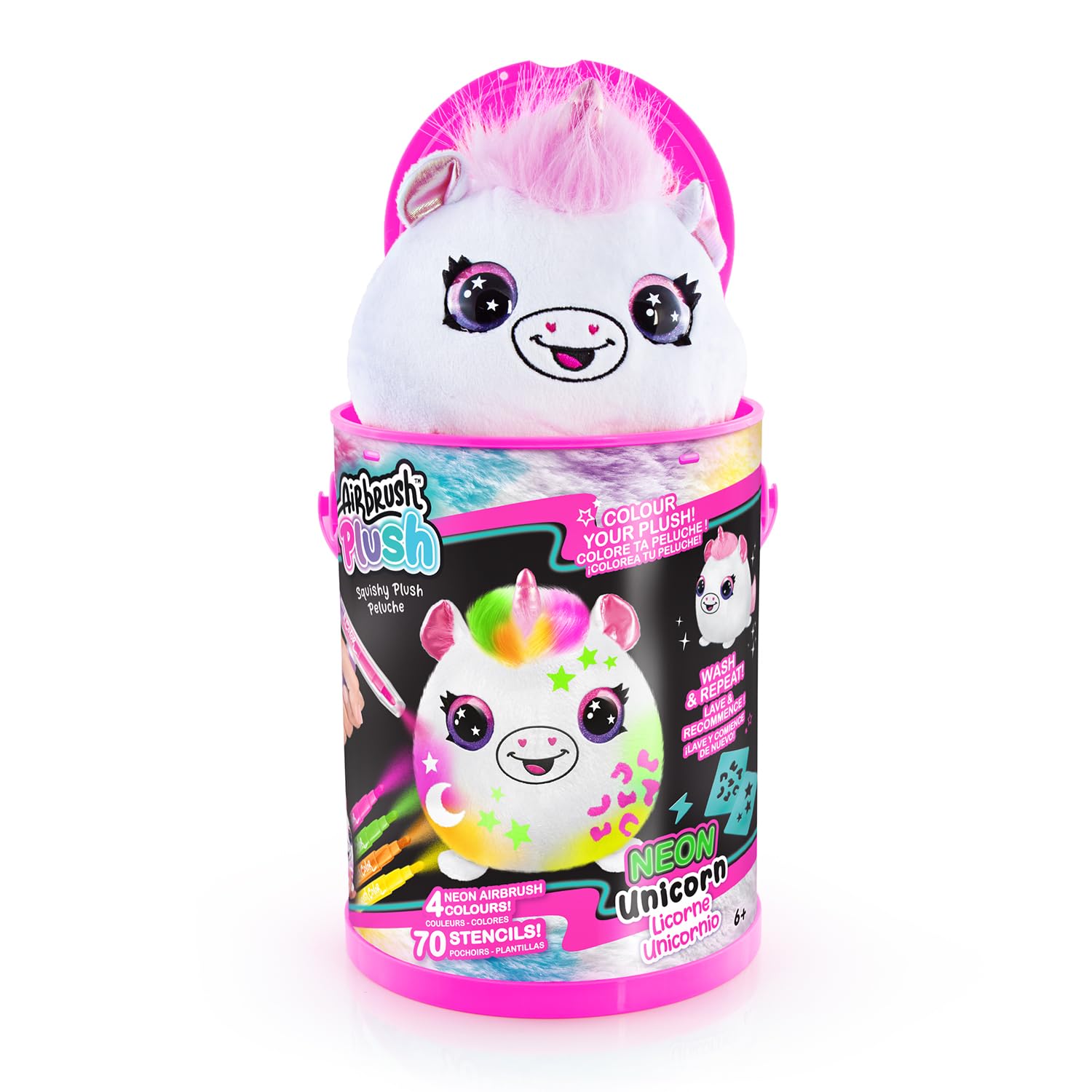 Airbrush Plush Neon Bucket, Reusable Custom Plush Toy Craft Kit for Kids, Includes 4 Washable Chalk Markers - Image 2