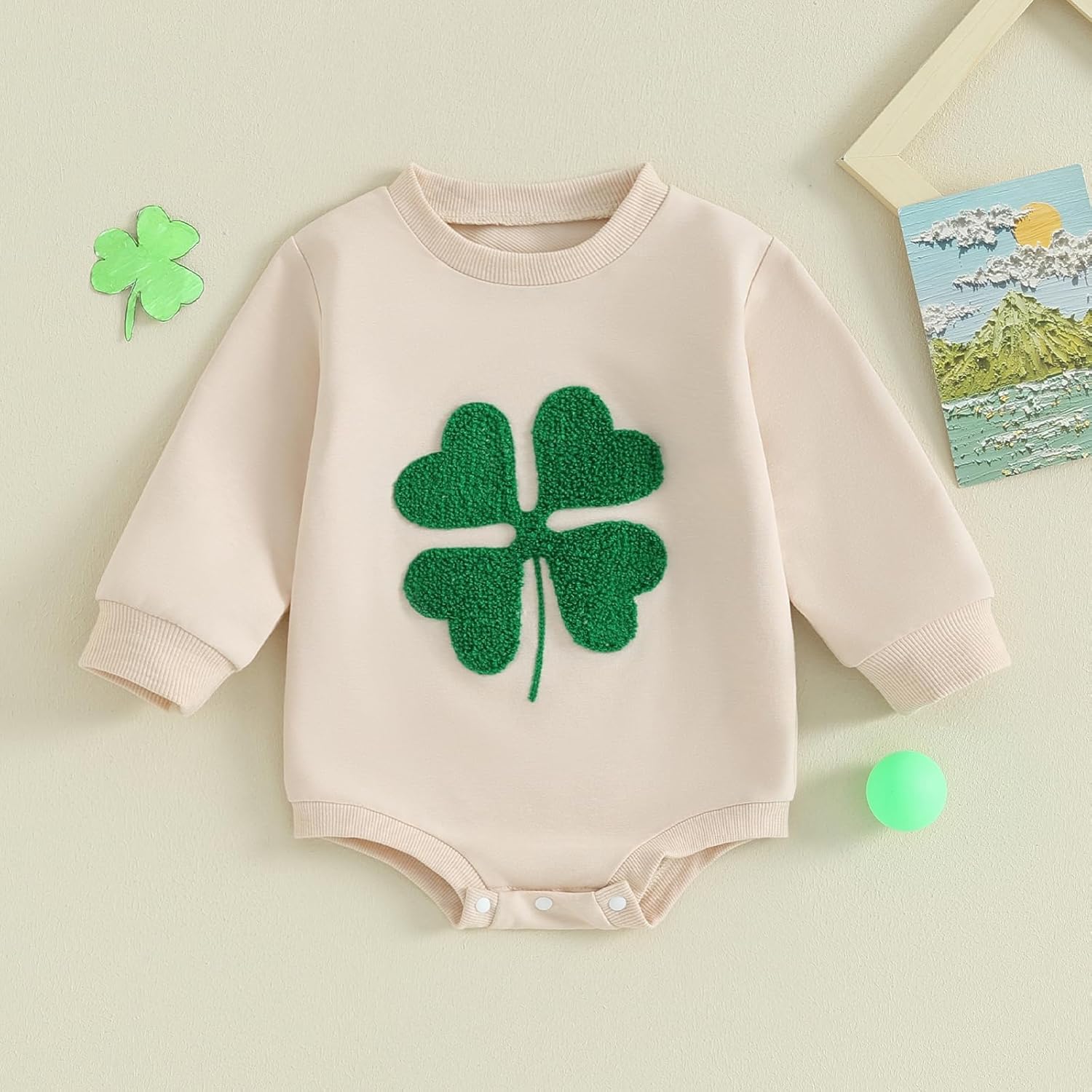 Lesimsam Newborn Baby Boy Girl St. Patrick's Day Outfit Clover Embroidery Sweatshirt Romper Oversized Long Sleeve Romper Top - Image 2