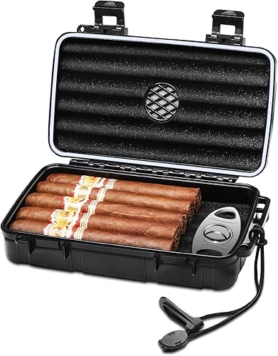 Flauno Estuche para humidor de cigarros de viaje, caja de cigarros portátil con disco humidificador y cortador de puros, impermeable, hermética,