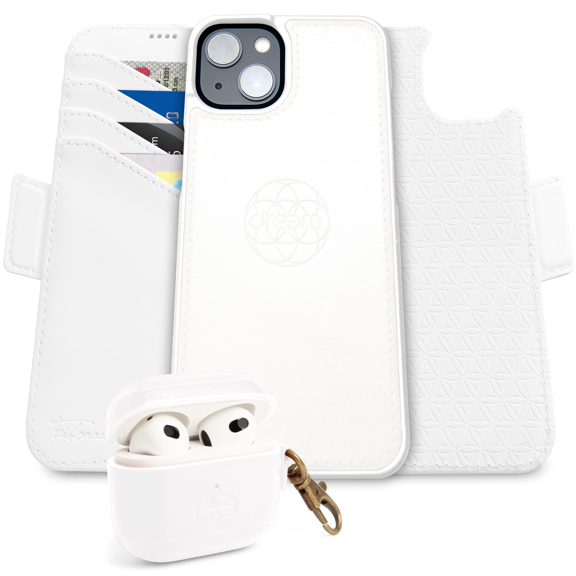 Dreem Bundle: Fibonacci Wallet-Case for iPhone 15 Plus with Om for Apple AirPods 3 Case [White]