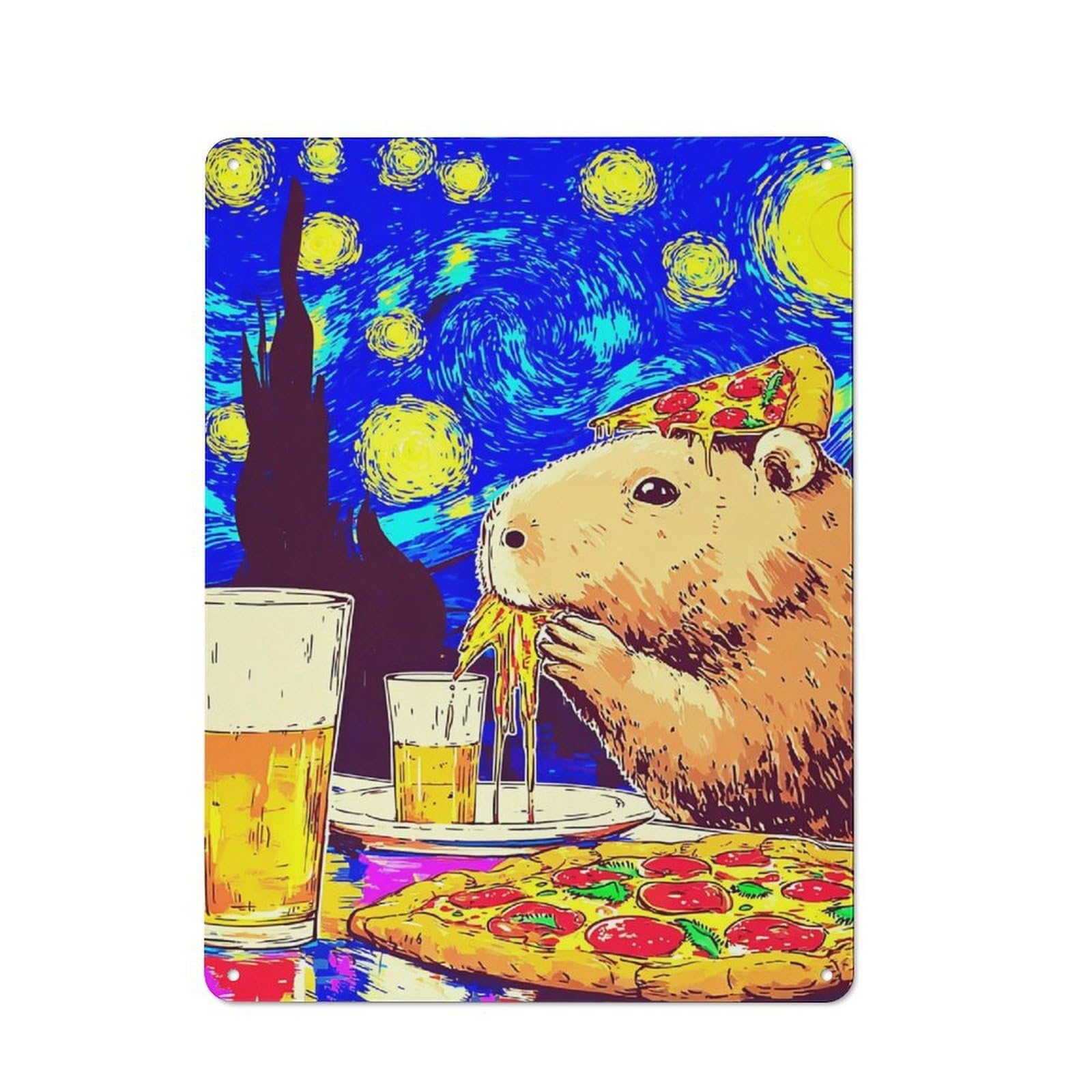 Junmoney Capybara Enjoying Pizza Night Metal Wall Sign 40X30cm Featuring For Home Bar Wall, New Home Wall Decor For Hosts Who Enjoy Retro Interiors