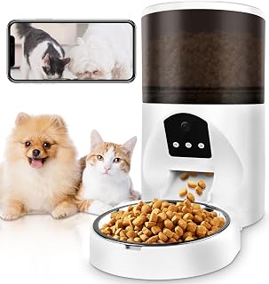 Automatic Cat Food Dispenser, 1080p Camera, 6L Dispenser of 12 Meals, App Control, WiFi Connection, Timed Cat Feeders for Dry Food, Low Food & Blockage Alarms, Dual Power Supply, 10s Voice Recorder
