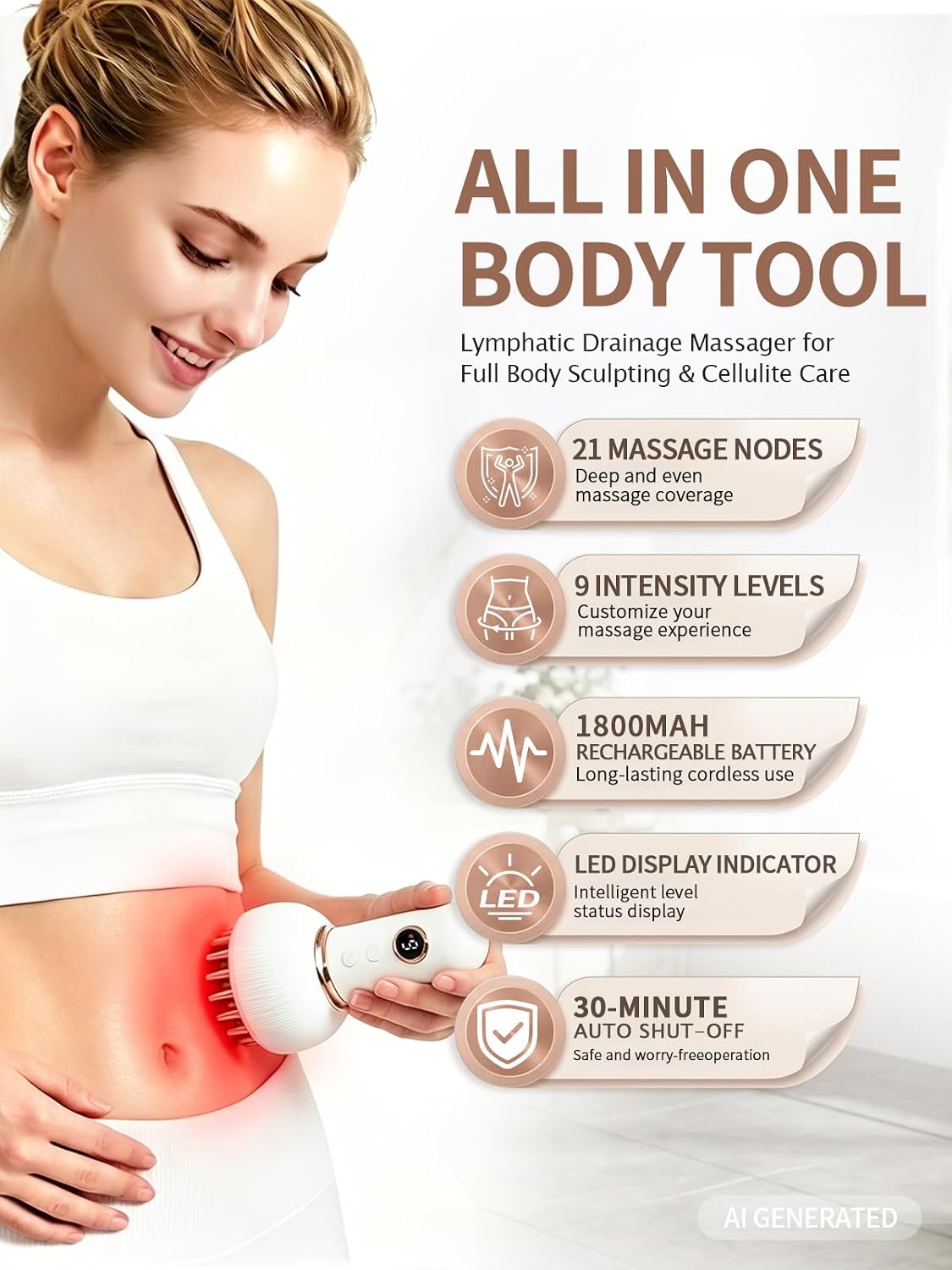 Lymphatic Drainage Massager & Anti Cellulite Massage Tool, Helps Reduce Stretch Marks & Cellulite, for Legs, Arms & Belly, Body Sculpting Machine with Microcurrent, Light, Heat & Vibration-G08