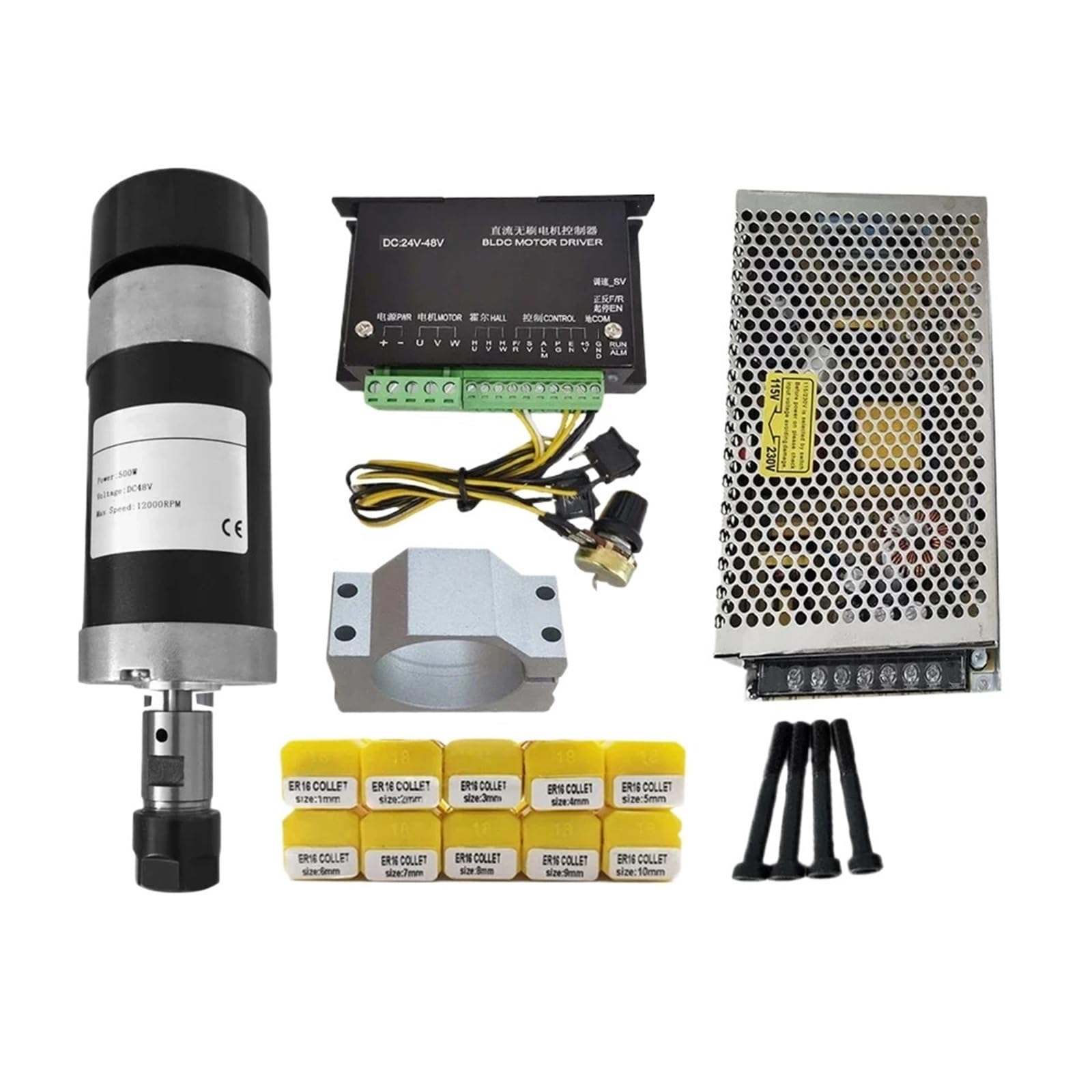 JJKKOZVQF 500W CNC Brushless Spindle 0.6Nm 48V 12000RPM With Sensor ER16 Collet 55mm Clamp Bracket Power Supply(500W ER16 Drive)