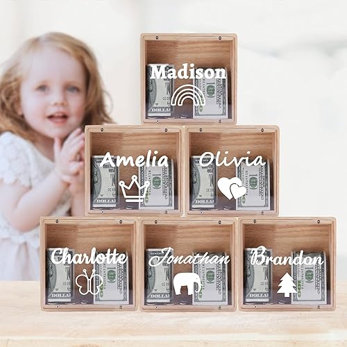 Miniatura 2 de Alcancía con nombre personalizado para niños y niñas, banco de dinero acrílico de madera personalizada regalos de cumpleaños para niños